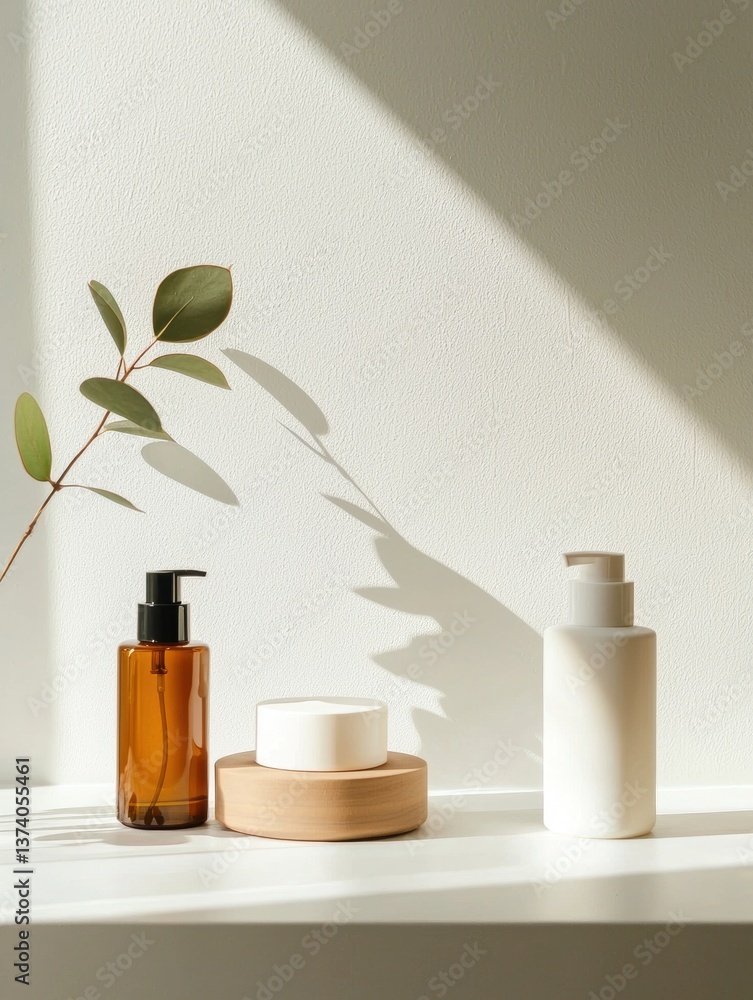 Poster white shelf with three objects on it. on the left side of the shelf, there is a small orange glass b