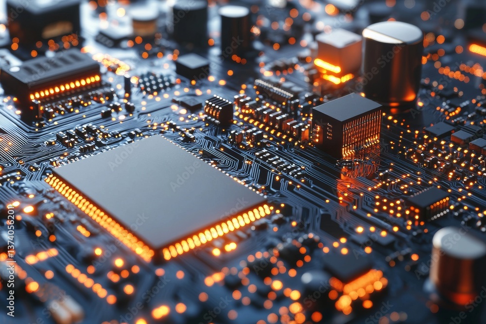 Poster on a circuit board, a close-up view of a futuristic microchip is visible with glowing lights