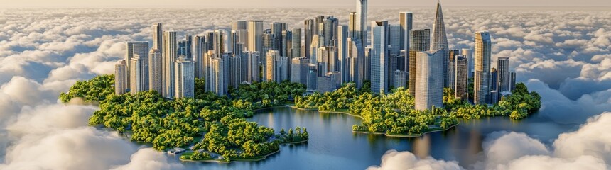 Fototapeta premium A breathtaking bird's-eye view of a futuristic metropolis nestled among the clouds, highlighting the perfect balance between nature and urban design