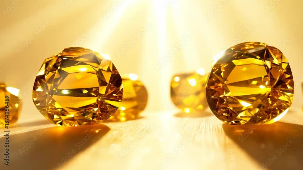 Poster A row of yellow diamonds are on a table. The diamonds are all different sizes. The table is on a wooden surface