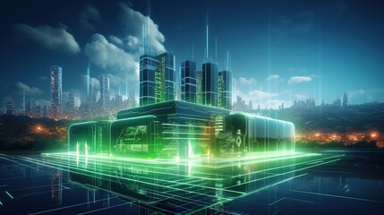 Sustainable city of the future with glowing green energy grid, transparent solar panels on modern skyscrapers and advanced holographic dashboard showing eco-friendly power distribution.