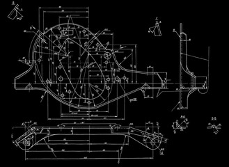 Gasket and lid of car.
Engineering automotive mechanical drawing of steel 
device. Industrial cad scheme on paper sheet. 
Technology design of machine building industry. 
Machined template.