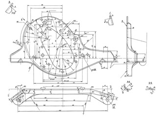 Gasket and lid of car.
Engineering automotive mechanical drawing of steel 
device. Industrial cad scheme on white paper sheet. 
Technology design of machine building industry. 
Machined template.