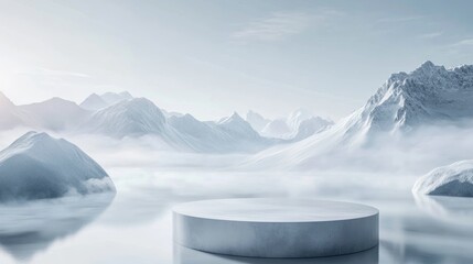 3D rendering, an abstract minimalist landscape with a white color gradient background, geometric-shaped snow-capped mountains, soft mist and smoke on the ground, C4D modeling, OC renderer renderings, 