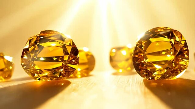 A row of yellow diamonds are on a table. The diamonds are all different sizes. The table is on a wooden surface