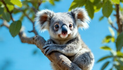 Obraz premium Koala Resting on a Tree Branch Against a Blue Sky