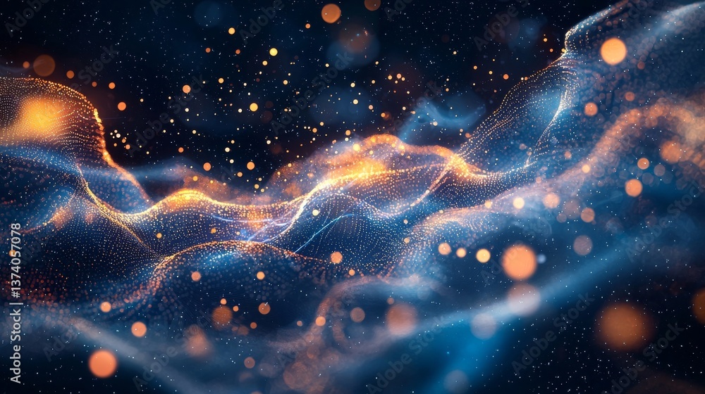 Poster a futuristic technological interface featuring concentric circles and illuminated by orange and blue