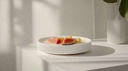 Still life of watermelon and grapes on a white plate, alongside a vase. Simple and clean composition