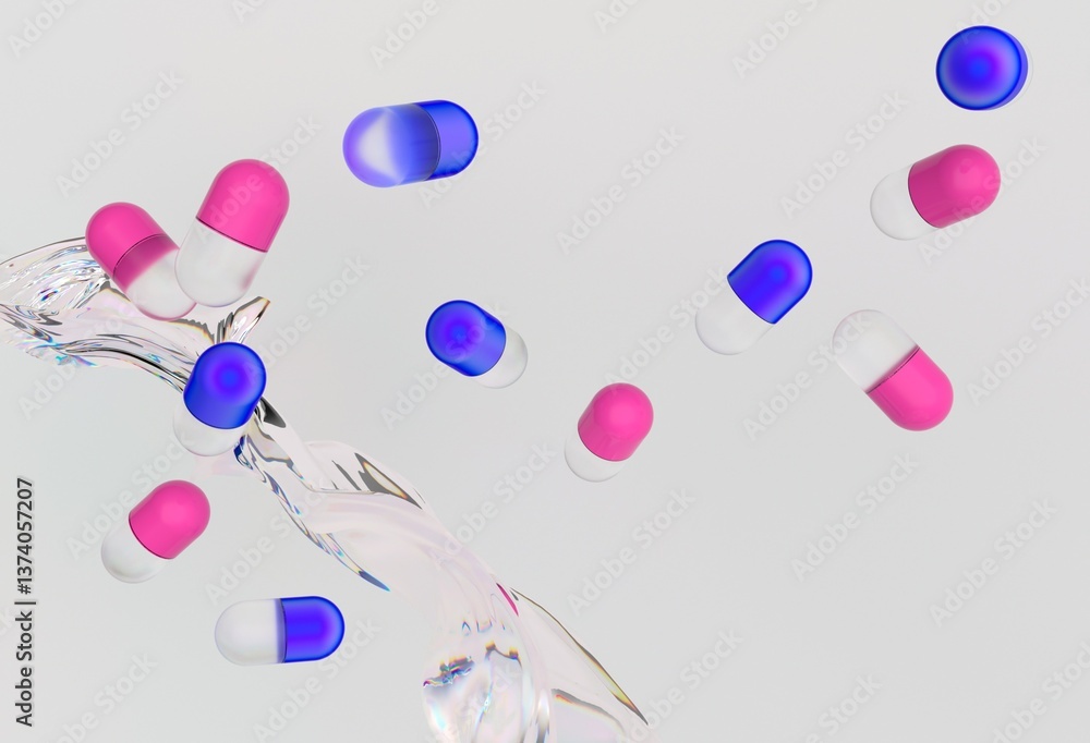 Aufkleber Pink and blue capsules float above a swirling, liquid-like background in a vibrant 3D illustration, creating a dynamic and modern visual with an abstract and futuristic feel.