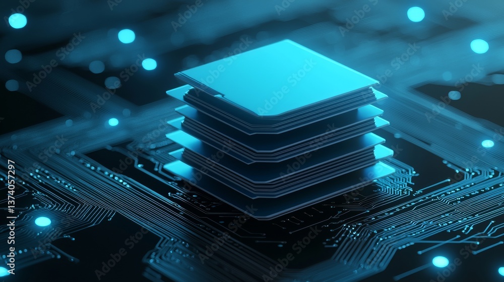 Poster a stack of digital files shines brightly on a high-tech background with a futuristic theme