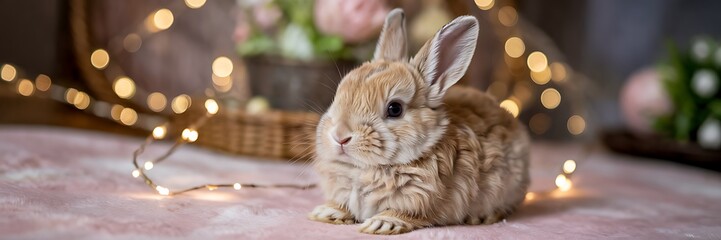 Adorable Baby Bunny Sitting on Soft Pastel Pink Fluffy Surface with Dreamy Blurred Bokeh Background in Warm Tones Perfect for Easter Celebrations Spring-Themed Designs Cute Animal Stock Photography