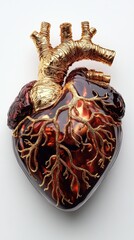 Golden Heart Art: A detailed and artistic representation of the human heart, crafted with a combination of precious metals and intricate design elements, a symbol of love, health and life.