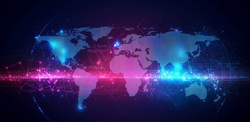 Concepts of digital communication for business, both strategic and futuristic, are depicted on a background that blends blue and purple hues, alongside a technical illustration of grid sectors on a