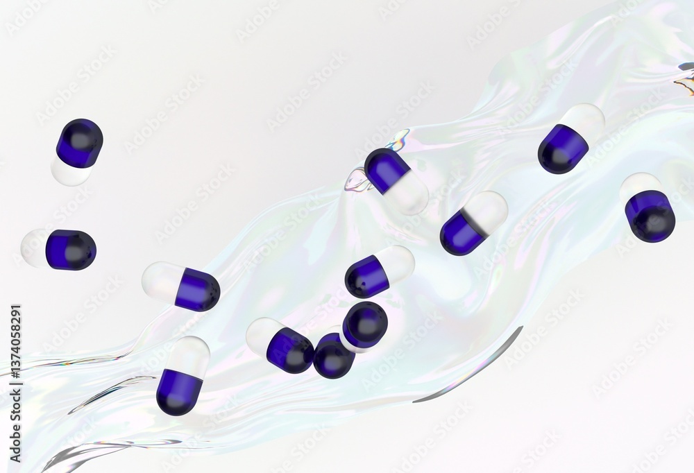 Poster Blue and white capsules float in mid-air against a swirled, liquid-like background, creating a dynamic and fluid 3D illustration with a modern, abstract feel.