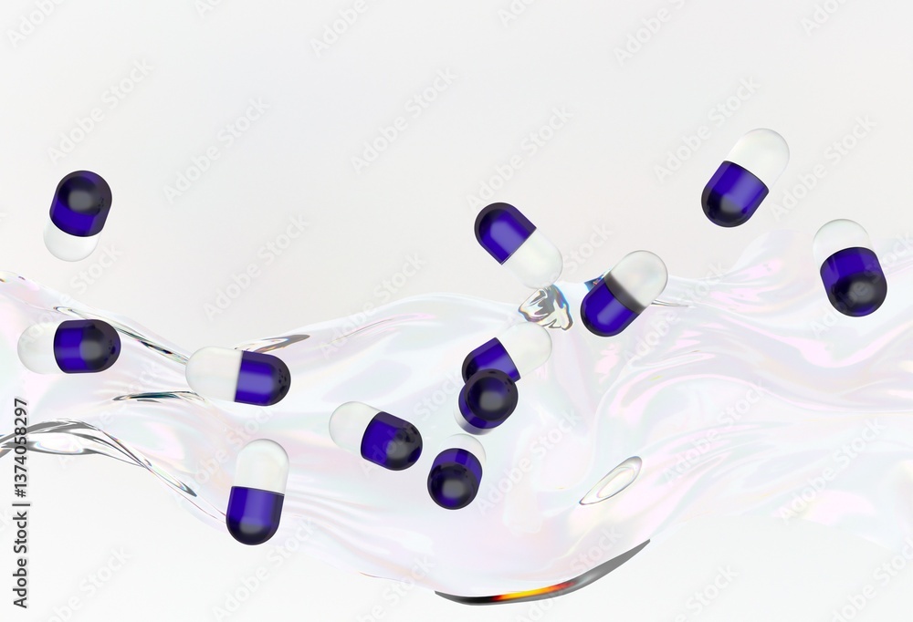 Poster blue and white capsules float in mid-air against a swirled, liquid-like background, creating a dynam