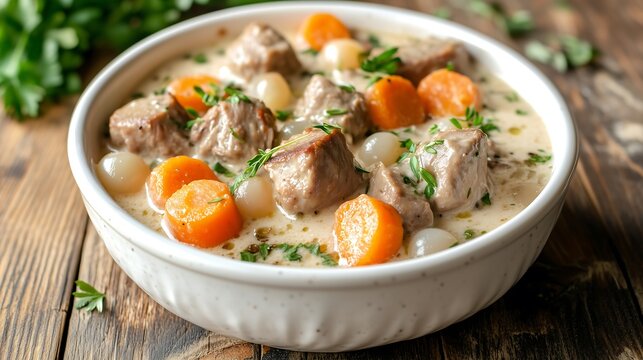 Traditional French blanquette de veau with creamy white sauce, carrots, pearl onions, and veal in