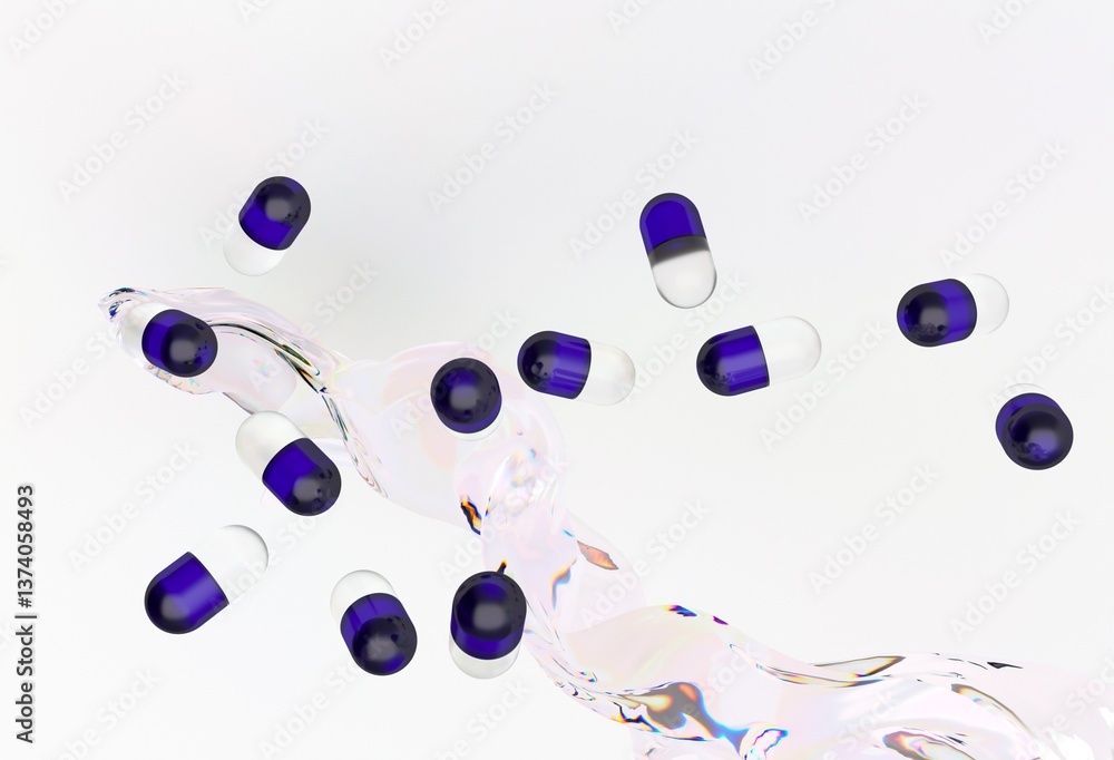 Aufkleber Blue and white capsules float in mid-air against a swirled, liquid-like background, creating a dynamic and fluid 3D illustration with a modern, abstract feel.