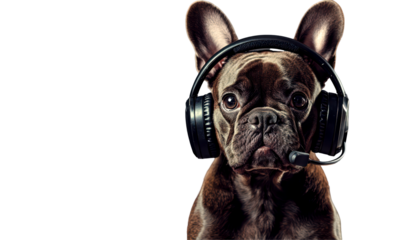 Adorable French Bulldog with Headset Isolate on Transparent Background, cutout, png