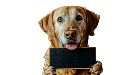 Happy dog holding a blackboard with a playful expression Isolate on Transparent Background, cutout, png