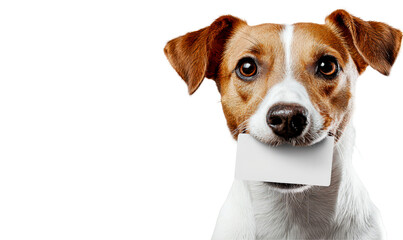 Playful Dog with Blank Card in Mouth Isolate on Transparent Background, cutout, png