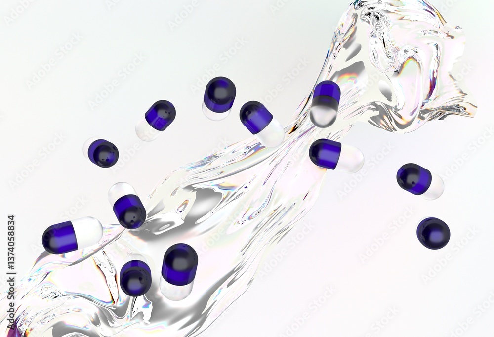Poster blue and white capsules float in mid-air against a swirled, liquid-like background, creating a dynam