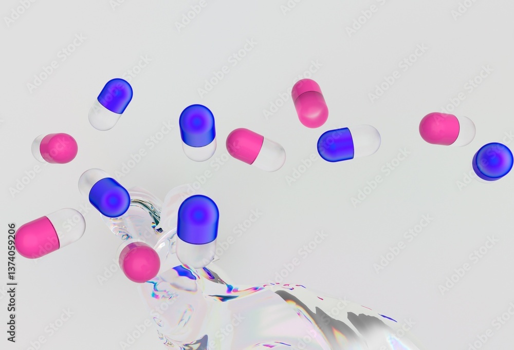 Aufkleber Pink and blue capsules float above a swirling, liquid-like background in a vibrant 3D illustration, creating a dynamic and modern visual with an abstract and futuristic feel.