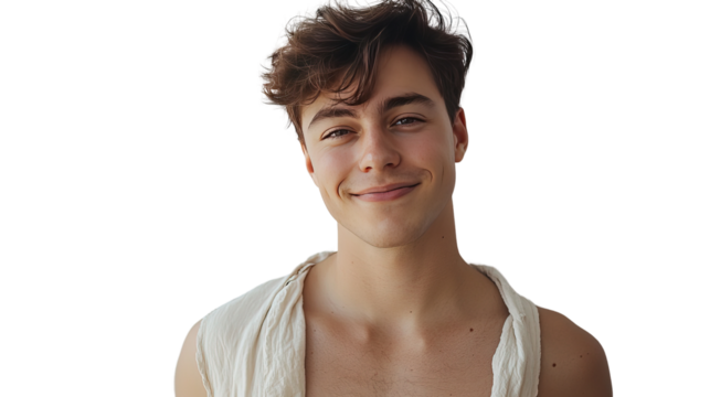 Portrait of a smiling young man with a joyful expression and bright eyes in a casual studio setting