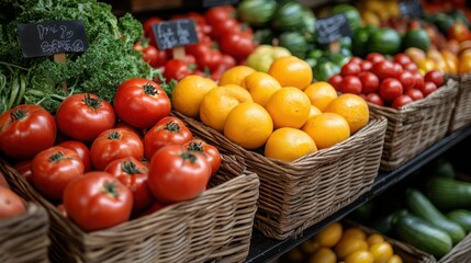 Fresh Organic Tomatoes Oranges Green Vegetables at Farmers Market