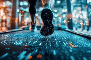 A futuristic fitness room is equipped with a treadmill and a cutting-edge interface for monitoring workouts and health metrics, embodying the concept of advanced technologies, virtual trainers, and