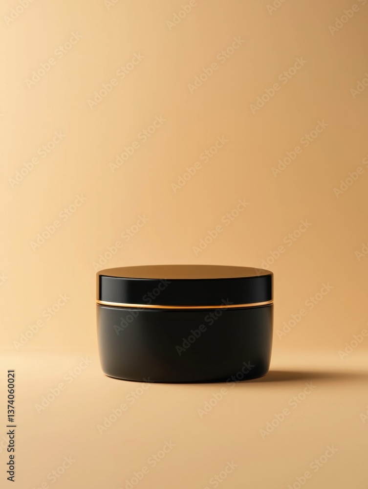 Poster 3d rendering of a black round container with a gold stripe on the lid. the container is placed on a 
