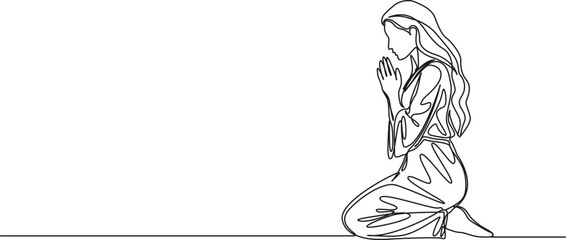 continuous single line drawing of woman praying on her knees, line art vector illustration