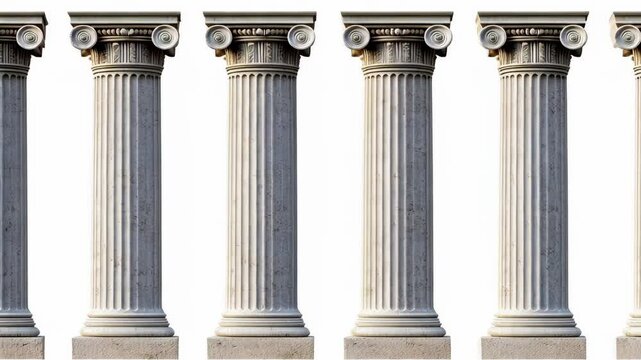 Classic architectural columns displayed in a row showcasing ancient Greek design and craftsmanship in a well-lit environment