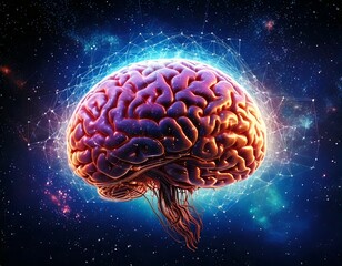 Fototapeta premium A surreal 3D brain floating in space, pulsating with cosmic energy, surrounded by spinning galaxies and glowing nebulae