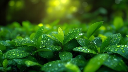 Dewdrops on Lush Green Leaves in Sunlight
