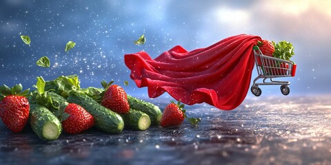 Superhero shopping. A flying red cape pulls a cart of fresh produce strawberries, lettuce, and cucumbers, amidst sparkling particles