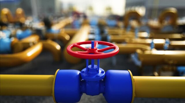 Red valve on gas pipeline rotating, opening and closing, in an industrial plant