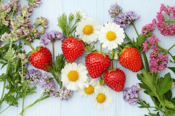 Assorted wildflowers and green leaves forming flatlay nature backdrop with floral diversity botanical pattern and organic concept for fresh ecological design in clean high detail view