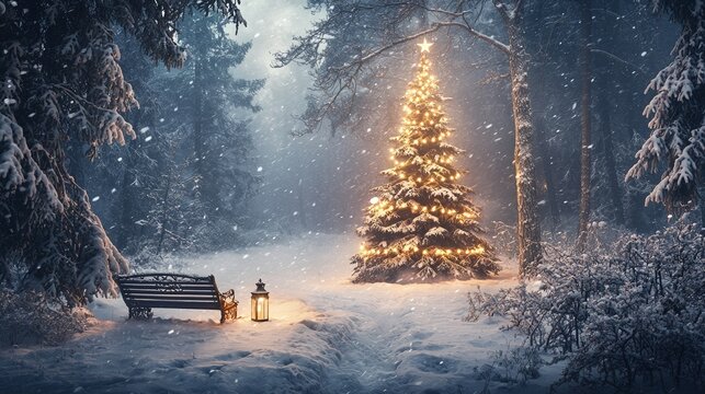 Un d&iacute;a fr&iacute;o y nevado con destellos de luces y un &aacute;rbol de Navidad decorado e iluminado en el exterior de un parque al aire libre en v&iacute;speras de Navidad en invierno