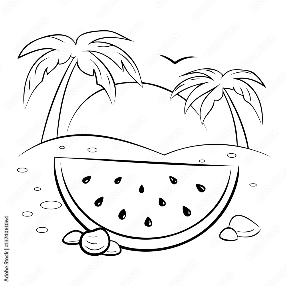 Poster realistic watermelon slice with large seeds and beach vibes on transparent png