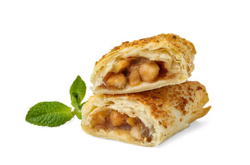 Pieces of tasty apple strudel and mint isolated on white