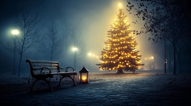 Un d&iacute;a de invierno con nieve y un &aacute;rbol de Navidad decorado e iluminado en un parque al aire libre es acompa&ntilde;ado de destellos de luces en las v&iacute;speras de Navidad
