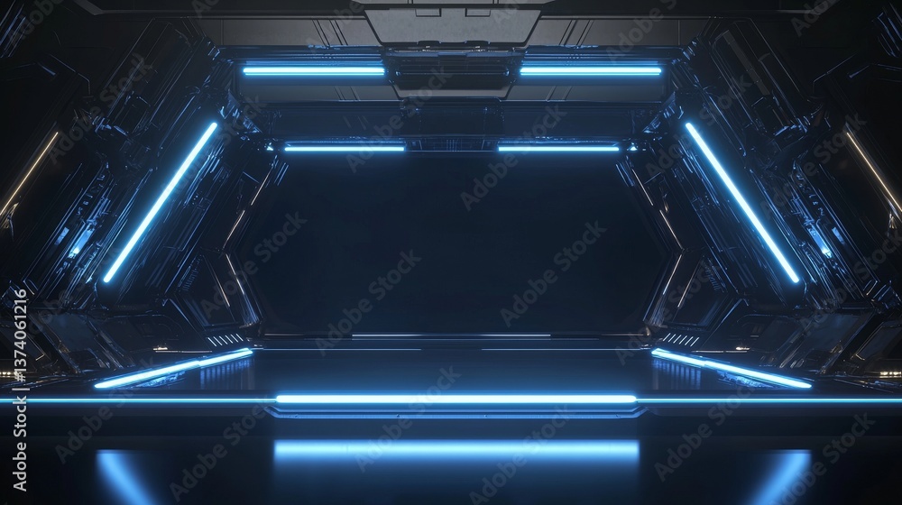 Poster a futuristic design is set against an abstract blue neon background with glowing render elements
