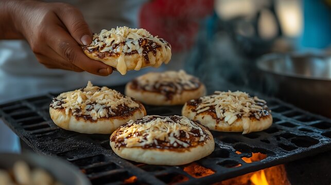 Traditional Mexican marquesitas being prepared on open flame grill with melted cheese topping