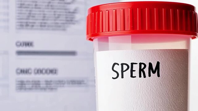 A sperm sample collection container prominently displayed next to medical paperwork. It highlights the importance of fertility evaluation in a clinical setting