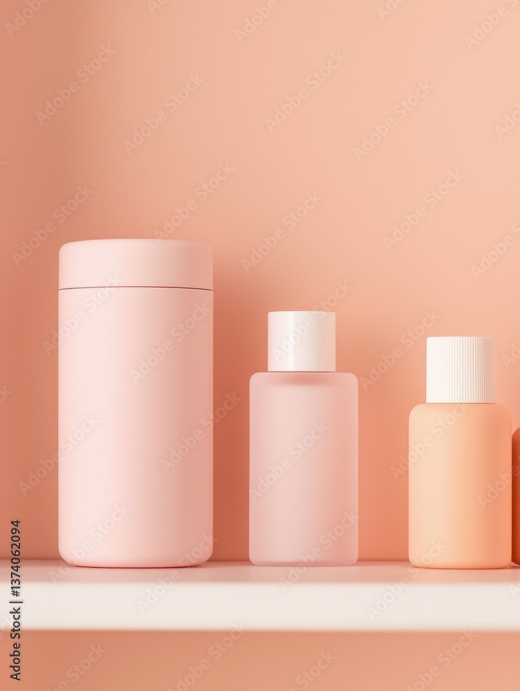 Poster three bottles of different sizes and shapes arranged on a white shelf against a peach-colored backgr