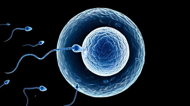 The journey of sperm cells towards an egg is depicted, showcasing the dynamic movement and interaction during the fertilization process in a biological context