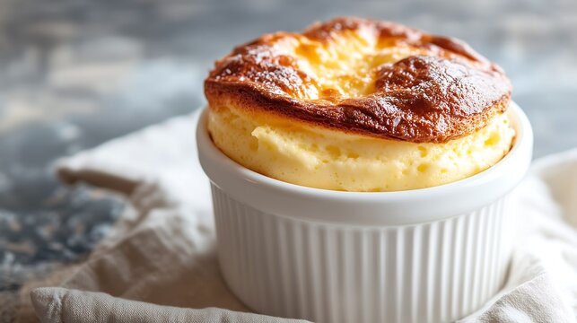 Golden cheese souffl&eacute; rising in white ramekin on rustic table, freshly baked with fluffy texture and crispy top crust