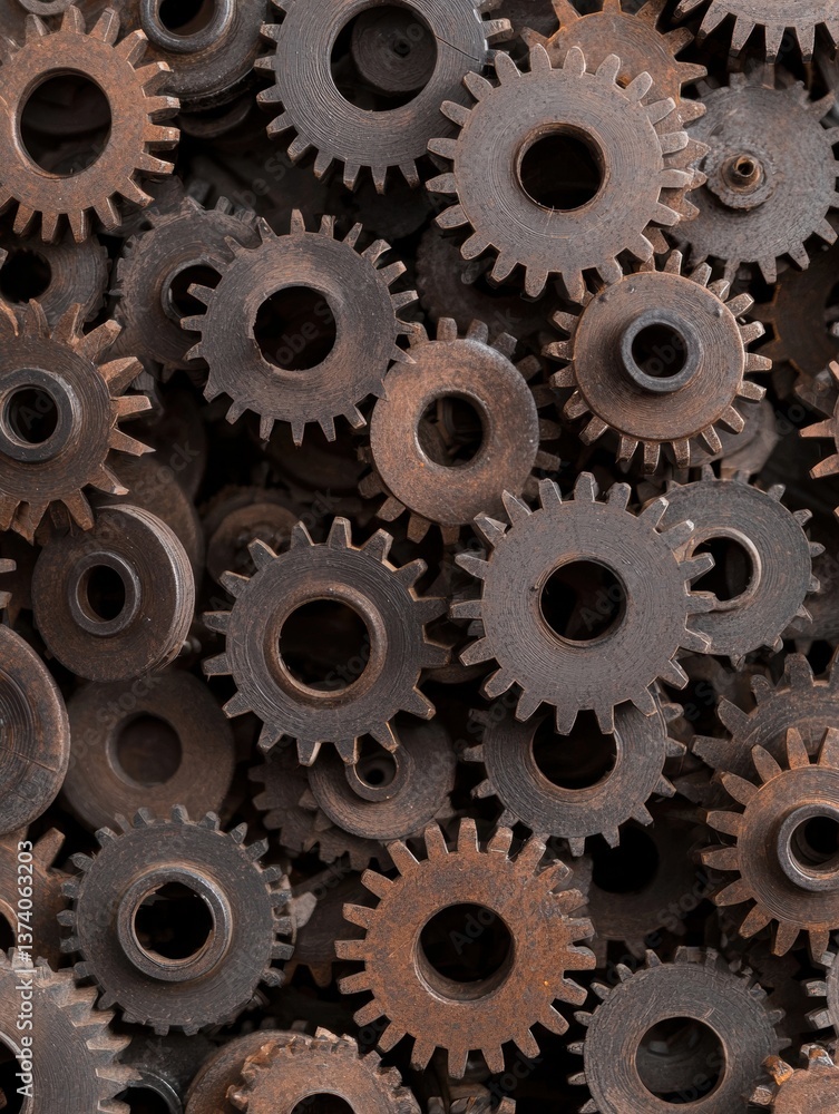 Poster close-up of a pile of rusty gears. the gears are arranged in a random pattern, with some overlapping