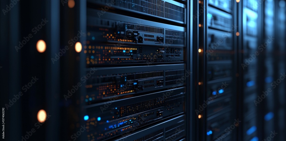 Poster a futuristic data center featuring rows of servers, each fitted with glowing led indicators, highlig