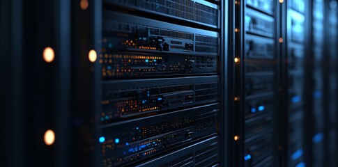 A futuristic data center featuring rows of servers, each fitted with glowing LED indicators, highlights cutting-edge technology and efficient design